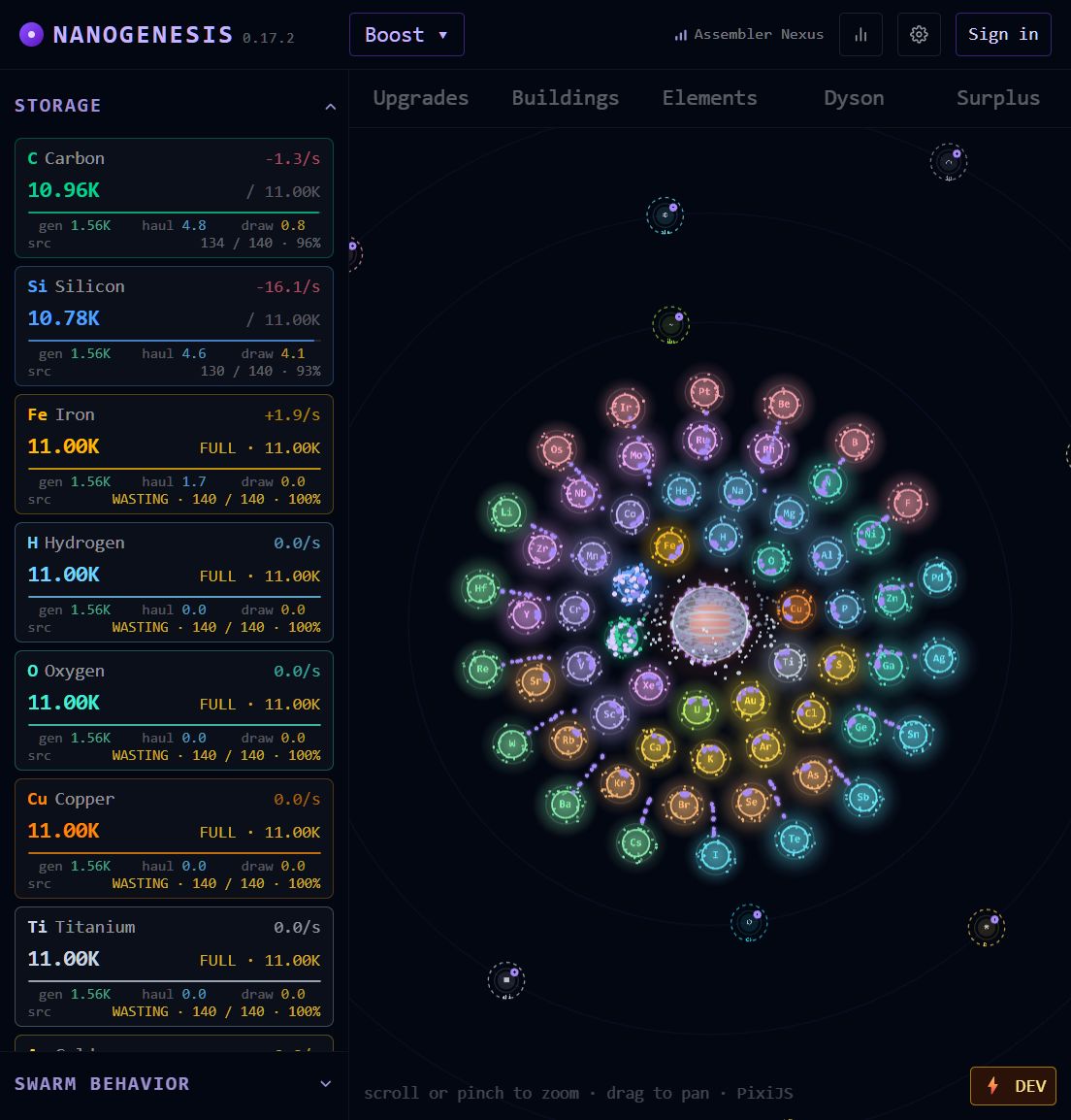 NanoGenesis gameplay: sixty element sources arranged in rings around a star, with live storage and production rates in a sidebar.
