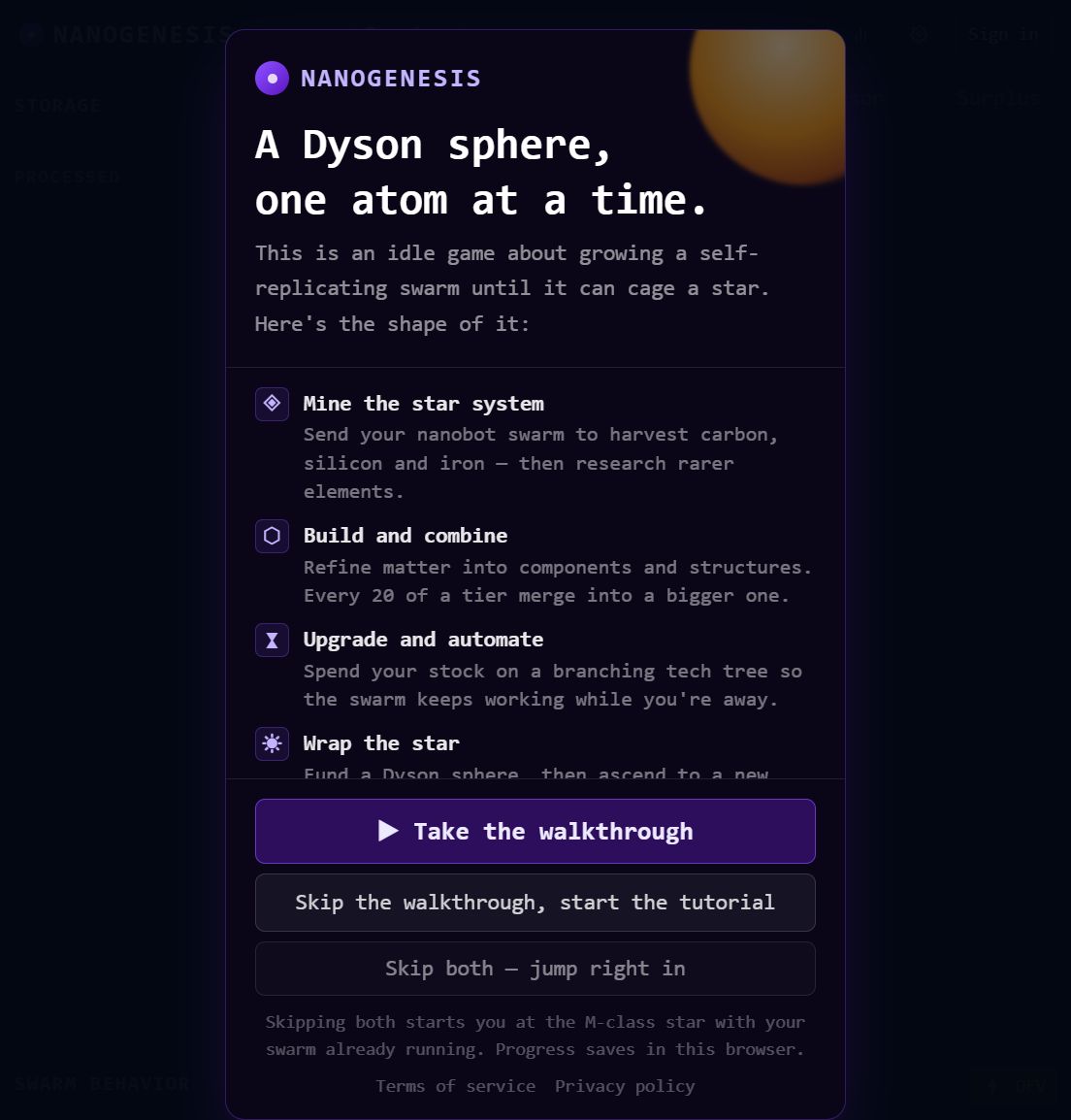 NanoGenesis welcome screen explaining the four goals of the game: mine the star system, build and combine, upgrade and automate, wrap the star.